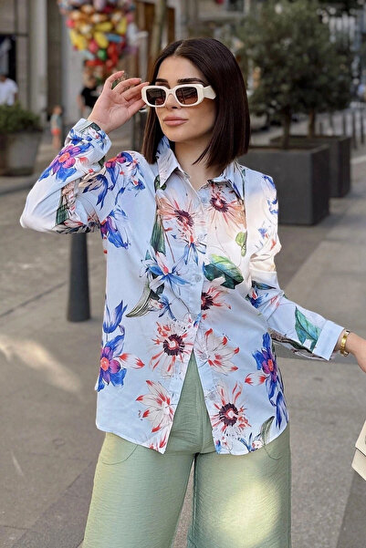 STİLVİA Blue Classic Collar, Long Sleeve, Digital Printed Fabric, Regular Fit...