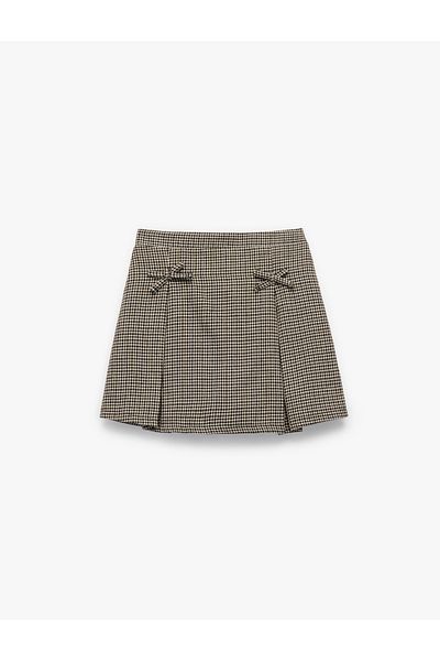 Koton Bow Detailed Cotton A-Line Shorts Plaid Skirt