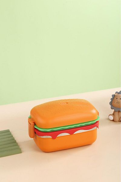 SANALTİCARETİM Hamburger Pattern Rectangular Steel Two-Layer Vacuum Lunch Box Storage Container