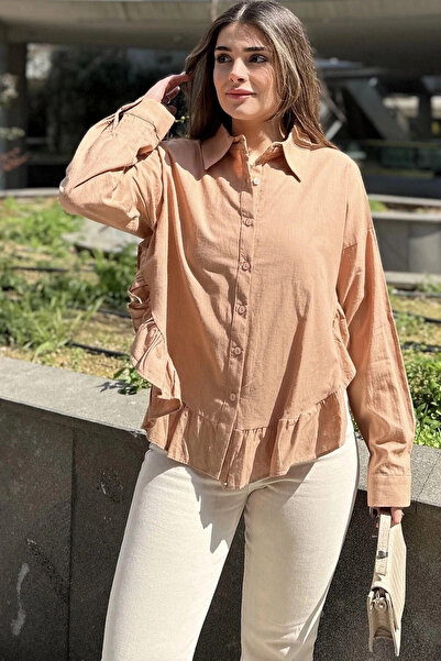 STİLVİA Women's Beige Skirt with Ruffle and Slit Detail, Sweat-Free Comfortab...