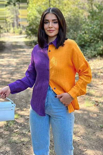 STİLVİA قماش موسلين أرجواني وبرتقالي نسائي، كتلة مزدوجة، تنورة بيضاوية، كم طو...