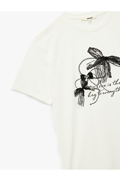 Koton Short Sleeve Crew Neck Cotton Bow Detailed Printed Oversize T-Shirt