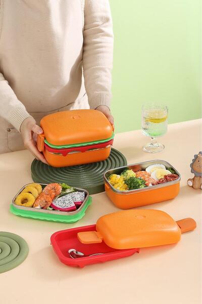SANALTİCARETİM Hamburger Pattern Rectangular Steel Two-Layer Vacuum Lunch Box Storage Container