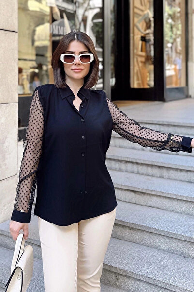 STİLVİA Black Classic Collar, Long Sleeve, Plain Fabric, Regular Fit/Cut, Sle...