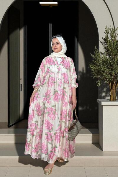 Aselim Hijap Moda Cotton Patterned Summer Robe Dress Floral Pink-Beige Grape