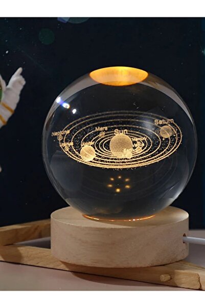 HediyeFilesi 3D Güneş Sistemi Kristal Gün Işığı Led Gece Lambası – USB'li Ahşap Standlı LED Masa - Gece Lambası