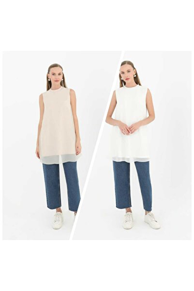 Puane Women's Ecru-Beige Colored 2-Piece Sleeveless Underwear Tunic with Chiffon Detail on the Front