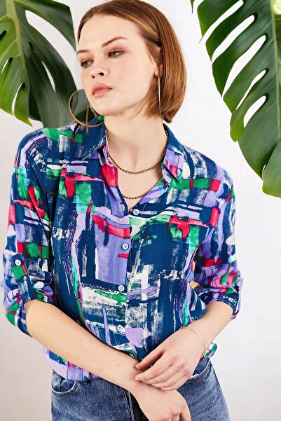 STİLVİA Women's Navy Blue Classic Collar, Long Sleeve, Patterned, Regular Cut...