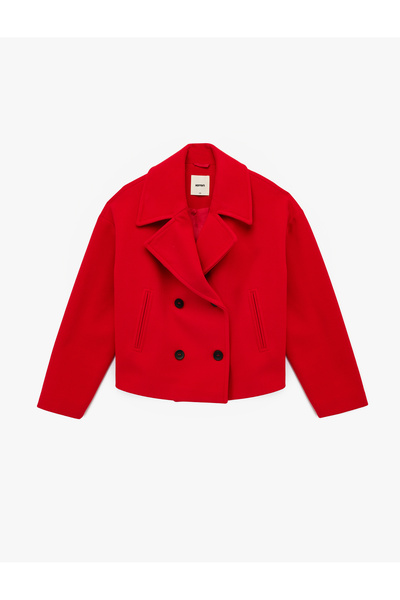 Koton Long Sleeve Double Breasted Crop Cashmere Jacket with Button Pockets