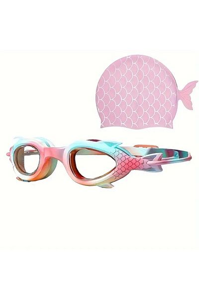 LRS STORE Pink Girl's Silicone Swimming Cap Glasses Set 4-8 Years Old Pro Children's Pool-Sea Swimming Cap High Quality