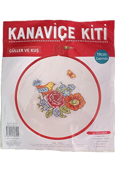 balım hobi evi Kanaviçe Kit Nakış Seti Güller Ve Kuş Plastik Kasnaklı 19Cm