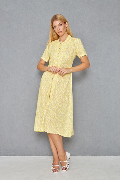 ALLEYTA Women's Yellow Floral Buttoned Short Sleeve Dress