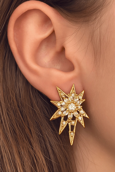 TAKIŞTIR Gold Color Stone Detailed Metal Earrings (Pair)