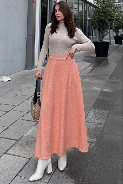 STİLVİA Women's Orange High Waist, Pocket, Weight Cut, Long Stamp Skirt