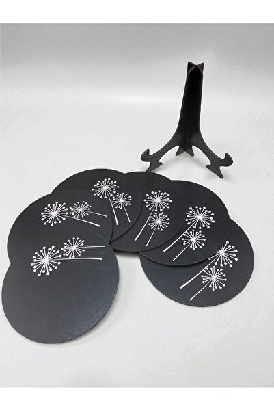 ASUDE HEDİYELİK 6 Pieces Wooden Round Tea, Coffee, Serving Tray Presentation Tray 15 cm Flower of Life