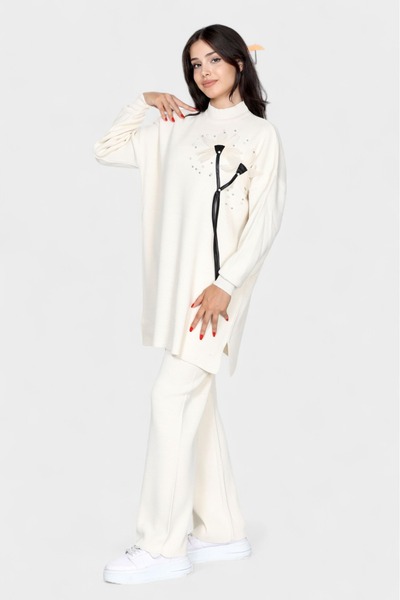 NEWCO Flower Patterned Stone Detailed Oversize Top and Wide Leg Knitwear Set Comfortable and Stylish Two-Piece Combination