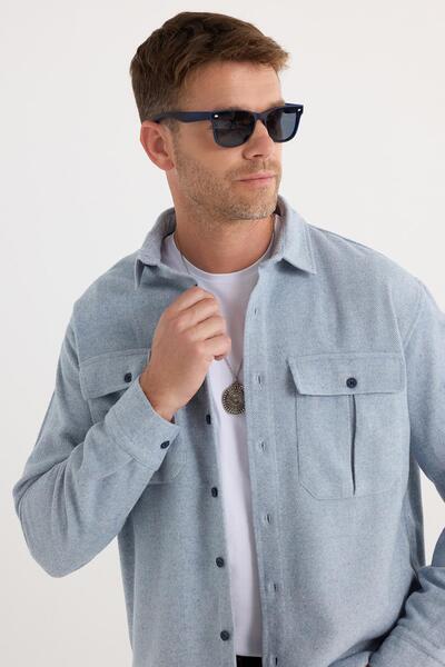Tudors Men's Relax Fit Relaxed Fit Lumberjack Double Pocket Button down Solid Blue Winter Shirt