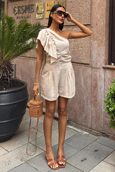 STİLVİA Women's Stone Linen One Shoulder Ruffle Asymmetrical Suit