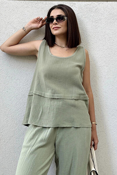 STİLVİA Khaki Imported Muslin Fabric, Basic, Layered, Loose Strap Blouse & Un...
