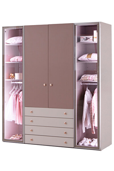 benim odam Rose 4 Kapılı Geniş Çekmeceli Cam Kapaklı Dolap Genç / Çocuk Odası 441