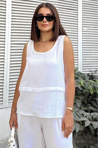 STİLVİA White Imported Muslin Fabric, Basic, Layered, Loose Strap Blouse & Un...