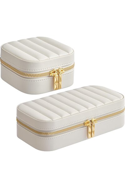 Arzu Güzel Cosmetics Set de 2 din piele PU, alb nor, proiectat în formă de mini geantă, cutie de călătorie pentru bijuterii