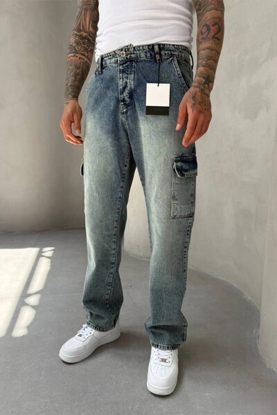 MADZEYMODA Men's Cargo Pocket Distressed Blue Jean Jeans Mz0142