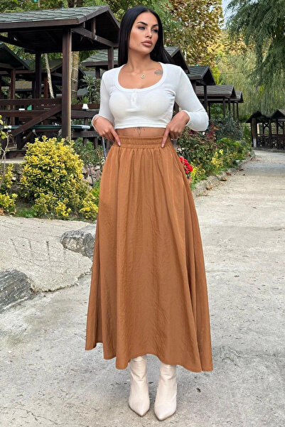STİLVİA Tan Elastic High Waist, A-Line, Flowy and Loose, Long Cupra Skirt