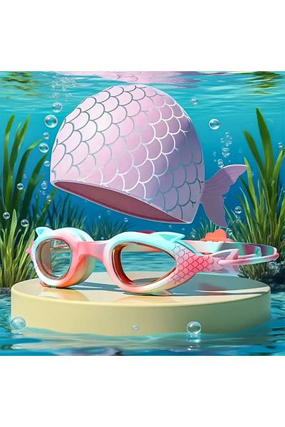 LRS STORE Pink Girl's Silicone Swimming Cap Glasses Set 4-8 Years Old Pro Children's Pool-Sea Swimming Cap High Quality