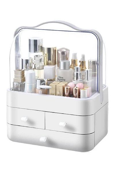 TERRION Makeup Organizer with Lid – Cosmetic & Skincare Storage Box for Bathroom, Vanity, Desk, Travel White
