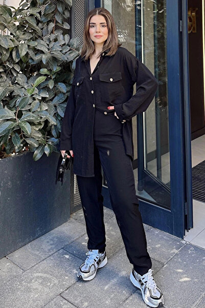 STİLVİA قميص طويل بجيب مزدوج أسود للسيدات وبنطلون بخصر مطاطي - مجموعة مريحة م...