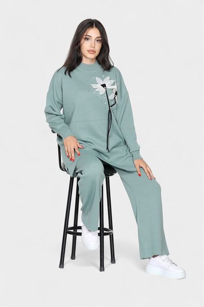 NEWCO Flower Patterned Stone Detailed Oversize Top and Wide Leg Knitwear Set Comfortable and Stylish Two-Piece Combination