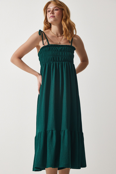 Lovelyİstanbul Crinkle Summer Knitted Dress with Strap Lub0215 Emerald Green