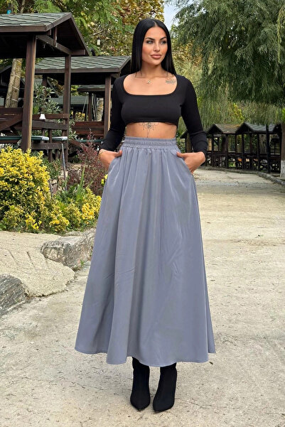 STİLVİA تنورة رمادية مرنة عالية الخصر، على شكل حرف A، ثنيات وفضفاضة، تنورة طو...