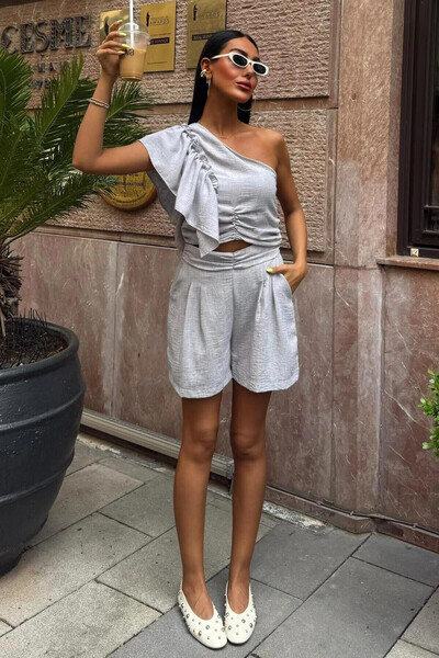 STİLVİA Women's Gray Linen One Shoulder Ruffle Suit