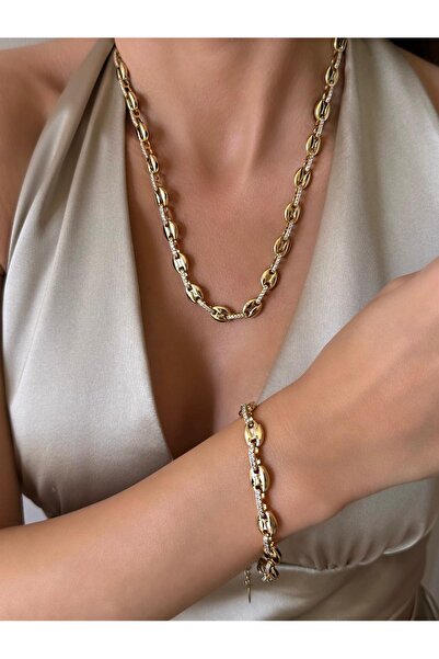 ANGELSS JEWELLERY مجموعة أساور قلادة من حجر الزركون موديل زر ذهبي من Xuping J...