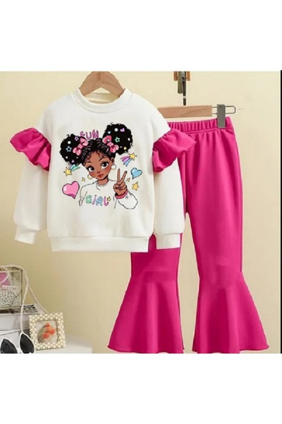 bebekpare Girl's Top and Bottom Set Fuchsia Girl Printed (Non-Shardon Fabric) 100% Cotton