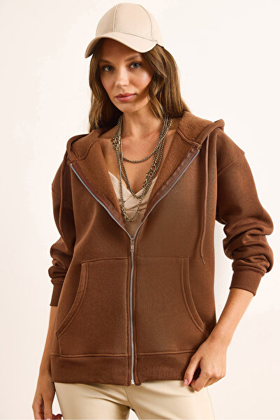 Olalook Kadın Kahverengi Kapüşonlu Fermuarlı Oversize Şardonlu Sweatshirt SWT-19000718