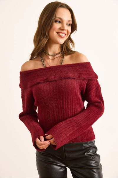 Olalook Women's Burgundy Madonna Collar Soft Textured Beard Sweater Kzk-19000974