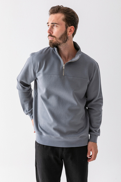 JB John Borners Ανδρικό φούτερ με όρθιο γιακά με μισό φερμουάρ με υφή ανοιχτόχρωμο χακί - 25K 1061