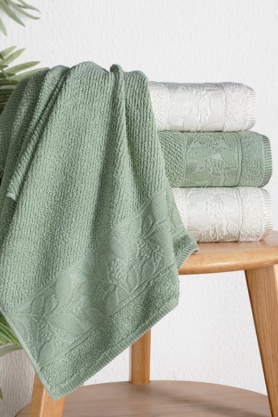 DNZGÜLCAN Leaf Pattern 4-Piece Bath Towel Set Turkish Bath Set 100% Cotton