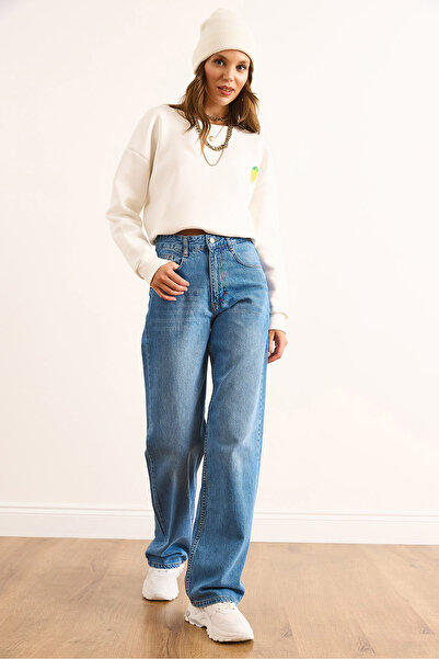 Olalook Kadın Orta Mavi Yüksek Bel Boru Paça Jean JEA-19000123