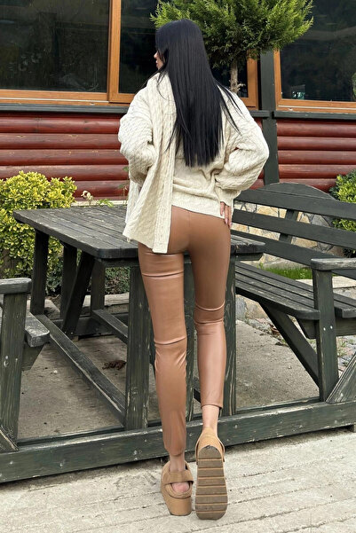 Genel Markalar Taba Yüksek Bel, Arkası Lastikli, Esnek Deri Tayt