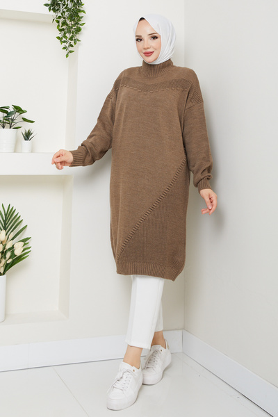 Pamuk Butik Women's Half Turtleneck Knitted Detailed Knitwear Tunic