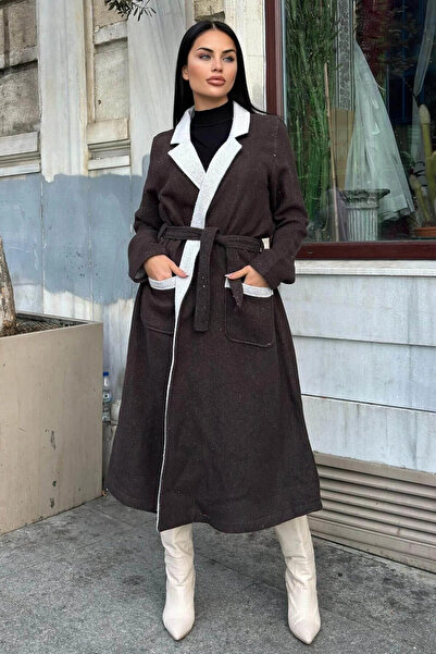 STİLVİA سترة طويلة ذات ياقة مزدوجة الصدر ذات وجهين باللون البني مع حزام، وملم...