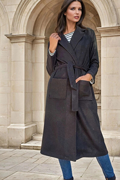 STİLVİA Black Shawl Collar, Pockets, Belt Detail, Unlined, Long Coat