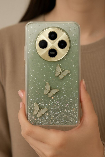 Rivor Honor Magic 7 Lite Uyumlu Kılıf Kamera Çıkıntılı Simli Kelebek Kabartmalı Desenli Premium Kapak