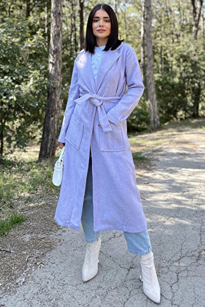 STİLVİA Women's Lilac Double Pocket, Waist Belt, Buttonless, Long Stamp Coat
