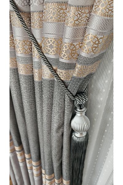Yuka Panel Background Curtain Stone - Geometric Striped Single Wing Tight Pleated Jacquard Shiny Patterned