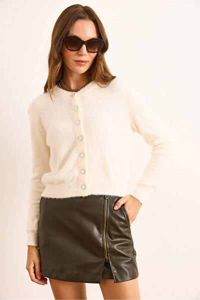 Olalook Women's Ecru Crew Neck Button Detailed Basic Beard Cardigan Hrk-19000368